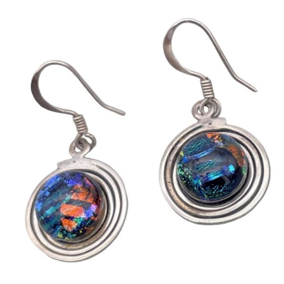 925 Sterling Silver Round Dichroic Glass Dangle Drop Earring Hook Closure - Picture 3 of 11